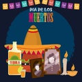 Day of the dead, photos frames traditional hat tequila candles and pennants, mexican celebration