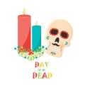 Day of the dead poster, Mexican dia de los muertos sugar skull holiday illustration.