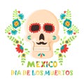 Day of the dead poster, Mexican dia de los muertos sugar skull holiday vector illustration.