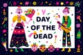 Day of Dead poster. Traditional holiday celebrating. Party invitation. Man and woman skeletons in folk costumes. Muertos Royalty Free Stock Photo
