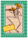 Day of the Dead Posters on a colored background. Skeletons dance and play musical instruments. In Spanish Dia De Los