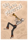 Day of the Dead Posters on a colored background. Skeletons dance and play musical instruments. In Spanish Dia De Los