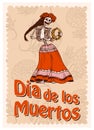 Day of the Dead Posters on a colored background. Skeletons dance and play musical instruments. In Spanish Dia De Los