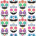 Halloween and Dia de los Muertos skulls and pumpkin faces vector seamless pattern - color Mexican sugar skull style texile design Royalty Free Stock Photo