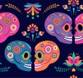 Day of the dead seamless pattern and background with colorful skulls and Mexican traditional flowers, Dia de los muertos Royalty Free Stock Photo