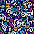 Day of the dead seamless pattern with candles, flowers, skeleton etc. Cheerful dia de los muertos card in cartoon style. Mexican
