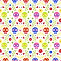 Day of the dead seamless pattern with colorful skulls and flowers on white background. Traditional mexican Halloween Royalty Free Stock Photo