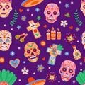 Day of dead seamless pattern. Dia de los muertos sugar skulls and flowers. Mexican halloween festival with skeletons