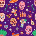 Day of dead seamless pattern. Dia de los muertos sugar skulls and flowers. Mexican halloween festival with skeletons heads flat
