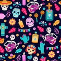 Day of dead seamless pattern. Flower decoration, stylish halloween holiday print. Fashion sugar skull, art mexican