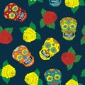 Day of the Dead seamless pattern, handdrawn sugar skulls and roses Royalty Free Stock Photo