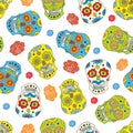 Day of the Dead seamless pattern, handdrawn sugar skulls and roses Royalty Free Stock Photo