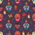 Day of dead seamless pattern with skull and flowers. Gothic floral mexican print, vintage skeleton halloween texture