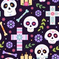 Day of dead seamless pattern with skulls, flowers bones and cross. Decorative mexican style fabric print, halloween racy