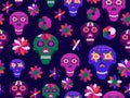 Day of the dead seamless pattern, skulls with flowers in a flat style. Mexican holiday. Vector