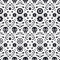 Day of the dead seamless pattern with skulls and flowers on white background. Traditional mexican Halloween design for Royalty Free Stock Photo