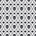 Day of the dead seamless pattern with skulls and flowers on white background. Traditional mexican Halloween design for Royalty Free Stock Photo