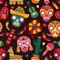 Day of dead seamless pattern. Skulls, guitar and llama hot pepper, heart and flower. Mexican dia de los muertos vector