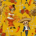 Day of the dead seamless pattern. Sugar skull texture, dancing skeleton