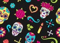 Day of the Dead seamless pattern. Sugar skulls with floral ornament. Royalty Free Stock Photo