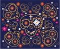 Day of the Dead. Seamless pattern with sugar skulls and flowers on blue background. Royalty Free Stock Photo