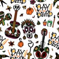 Day of the Dead. Seamless pattern with sugar skulls, maracas, swallow, guitar, flowers and candles for mexican holiday Royalty Free Stock Photo