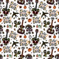 Day of the Dead. Seamless pattern with sugar skulls, maracas, swallow, guitar, flowers and candles for mexican holiday Royalty Free Stock Photo