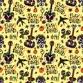 Day of the Dead. Seamless pattern with sugar skulls, maracas, swallow, guitar, flowers and candles for mexican holiday Royalty Free Stock Photo