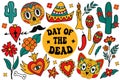 Day of the dead set. Groovy Dia de los Muertos collection clip art hand drawing style. Mexican holiday Halloween with Royalty Free Stock Photo