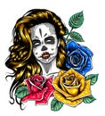 Day of dead sexy girl with roses isolated on white