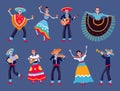 Day of dead skeletons. Mexican dia de los muertos skeleton dancers characters. Catrina, mariachi musicians skeletons Royalty Free Stock Photo