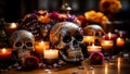 Day of the Dead skull (calavera) with candles and flowers on wooden table. Dia de los muertos. Halloween. Generative AI.