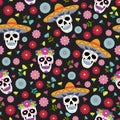 Day of the Dead skull with floral ornament and flower seamless pattern on black background. Dia De Los Muertos