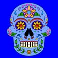 Day of The Dead, skull with floral ornament, light sky blue, dark aqua, navy, red, pink, green, orange colors, blue background