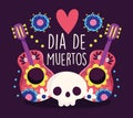 Day of the dead, skull and guitars music heart flower decoration traditional celebration mexican