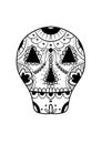 Day of the dead skull mask with ornaments. Black and white hand drawn illustration for coloring book.