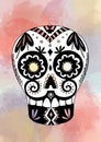 Day of the dead skull mask with ornaments for Dias de los Muertos and Halloween. Hand drawn, colorful watercolor style background.