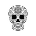 Day Of The Dead Skull, Sugar Skull With Floral Pattern Black And White Vector Illustration