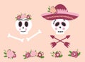 Day dead skull woman and man set. Mexican skull flower sombrero. Dia de los muertos skull. Symbol of day dead isolated