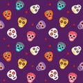 Day of the Dead Skulls, colorful skulls, purple background.