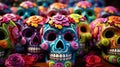 Day of the Dead sugar skulls in various colors. To commemorate Dia de los Muertos, make Calavera Catrina sweets. Mexican sweets Royalty Free Stock Photo