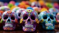 Day of the Dead sugar skulls in various colors. To commemorate Dia de los Muertos, make Calavera Catrina sweets. Mexican sweets Royalty Free Stock Photo