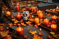 Day of the Dead. tombs with candles. On the graves of the dead at the cemetery, autumn and leaves