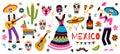 Day of the dead. Traditional mexican holiday symbols, sugar skulls and dancing skeletons, bright flowers and festive Royalty Free Stock Photo