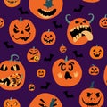 Halloween spooky night seamless pattern with various pumpkins. Jack o lanterns with weird facial expressions eating each other.