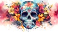 Day of the dead watercolor skull. Dia de los muertos aquarelle skull with flowers on white background. Holiday banner with the