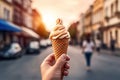 hold food sweet cone dessert summer hand ice street cold cream. Generative AI.
