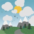 Day forest with the image of the sun, birds and mountains with snowy hills. Royalty Free Stock Photo