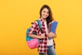 day in high school. schoolgirl with notebook and backpack. back to school. teen girl ready to study Royalty Free Stock Photo