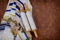 Day of jewish holidays symbols prayer shawl tallit, prayer torah scroll book Royalty Free Stock Photo